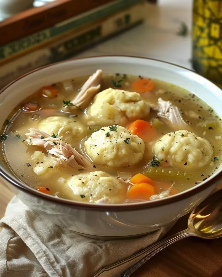 A bowl of roast turkey and herbed dumpling stew garnished with herbs