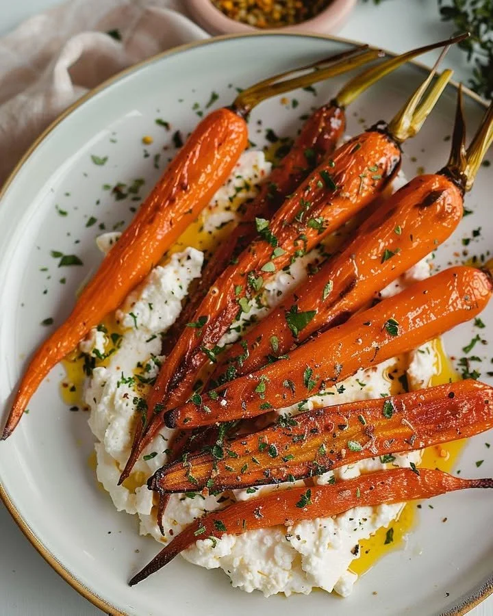 Roasted carrots served with whipped feta cheese on a plate