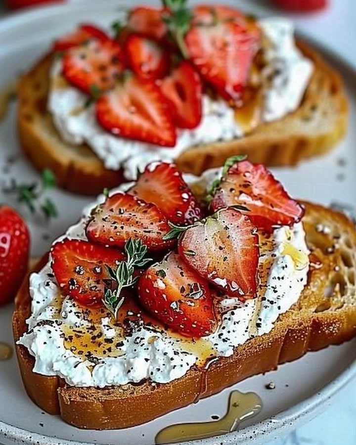 Roasted strawberry whipped ricotta toast topped with fresh strawberries and mint leaves.