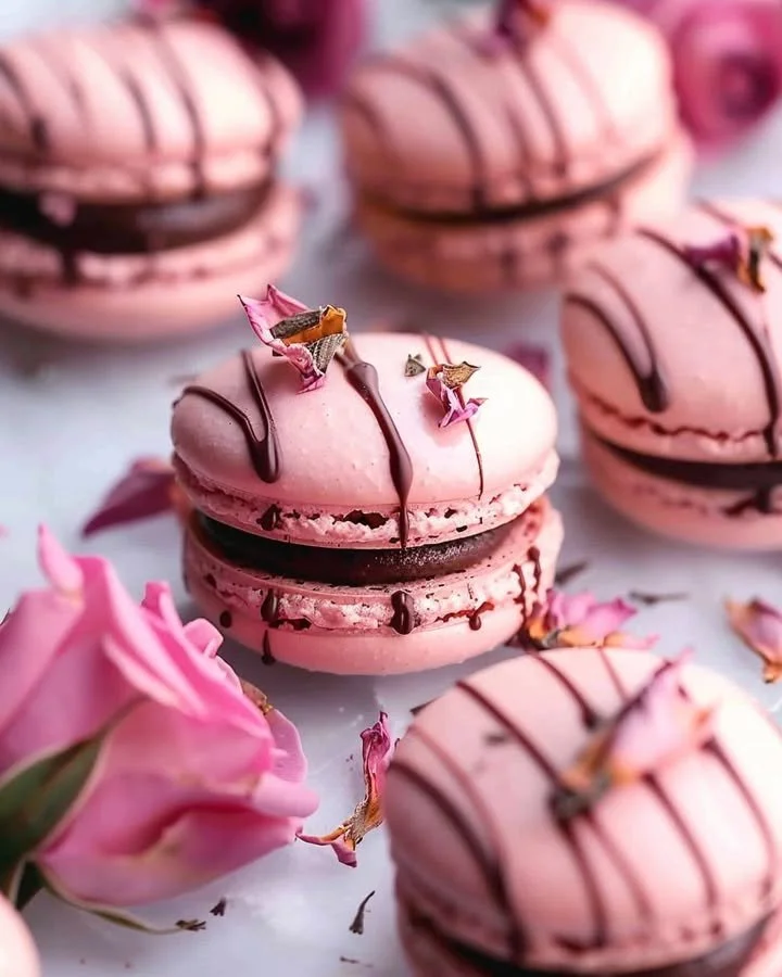 Rose dark chocolate macarons, a luxurious treat with a rich flavor and delicate design.