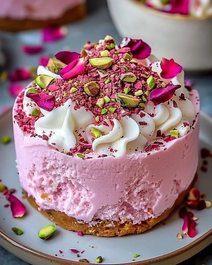 A delicious slice of rose milk cake garnished with rose petals.