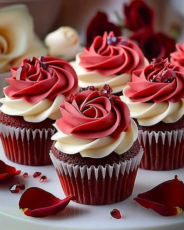 Rose Red Velvet Cupcakes topped with cream cheese frosting and edible rose petals