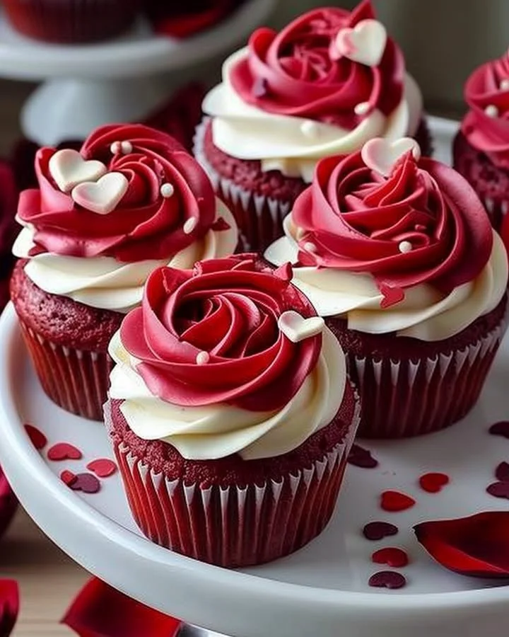 Delicious Rose Red Velvet Cupcakes with cream cheese frosting