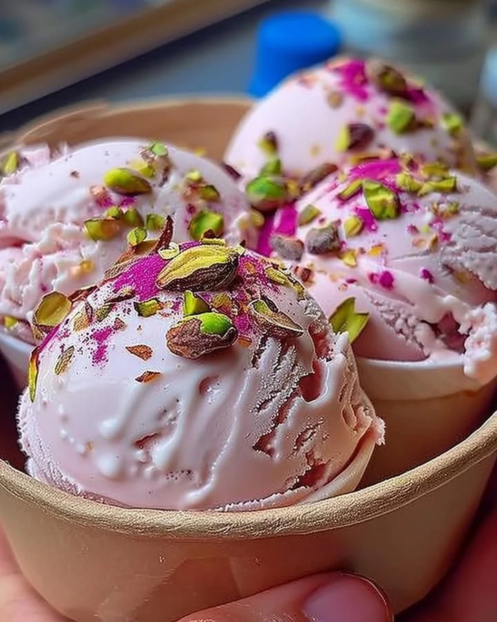 Scoop of Rosewater Pistachio Delight Gelato in a bowl topped with pistachios