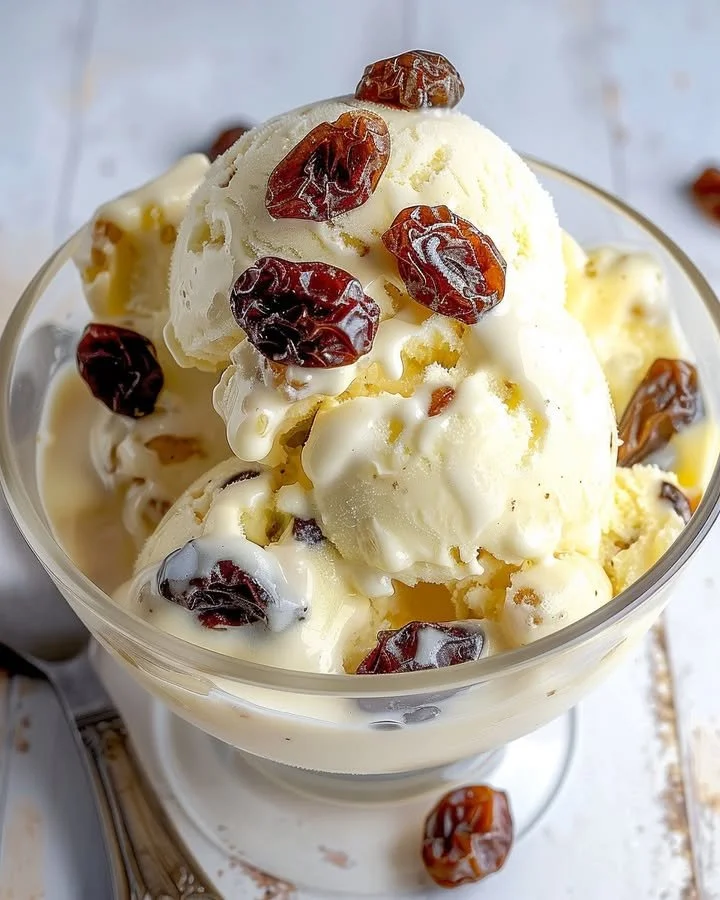A scoop of rum raisin ice cream topped with raisins in a bowl.