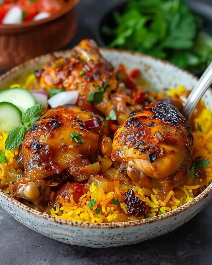 Saffron chicken served with colorful barberry rice garnished with spices.