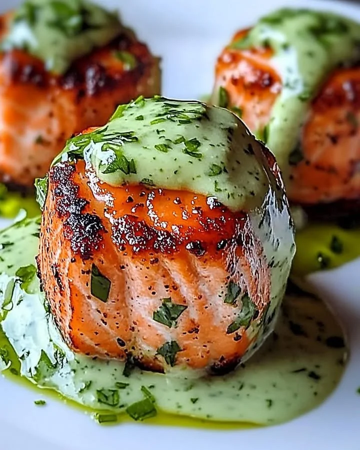 Delicious salmon balls served with creamy avocado sauce on a plate.