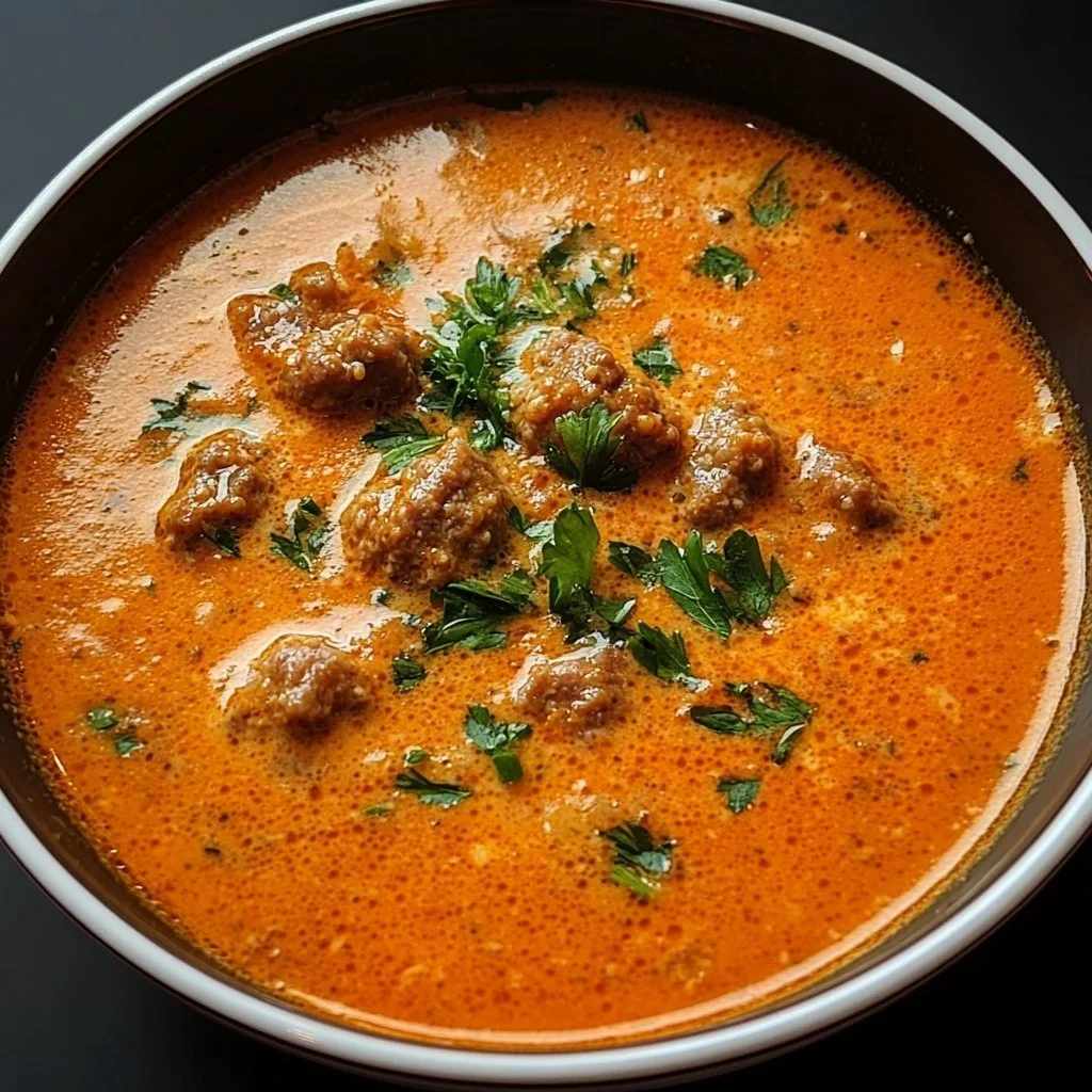 Bowl of creamy Sausage Tomato Soup topped with herbs.