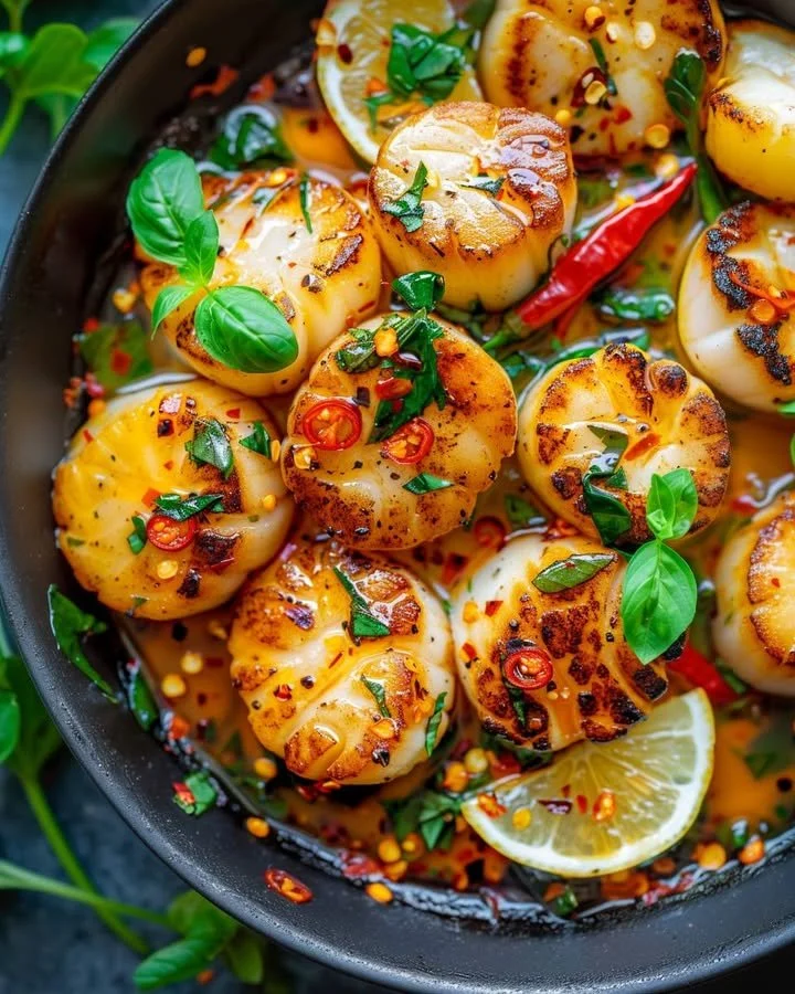 Scallops with Thai basil and chili served on a plate.