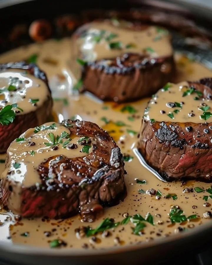 Seared filet mignon topped with shallot peppercorn cream sauce on a plate