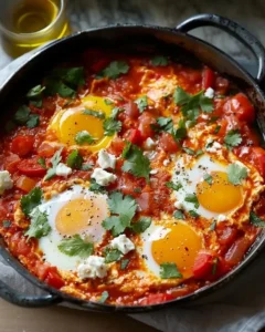 Delicious shakshuka with feta cheese served in a skillet