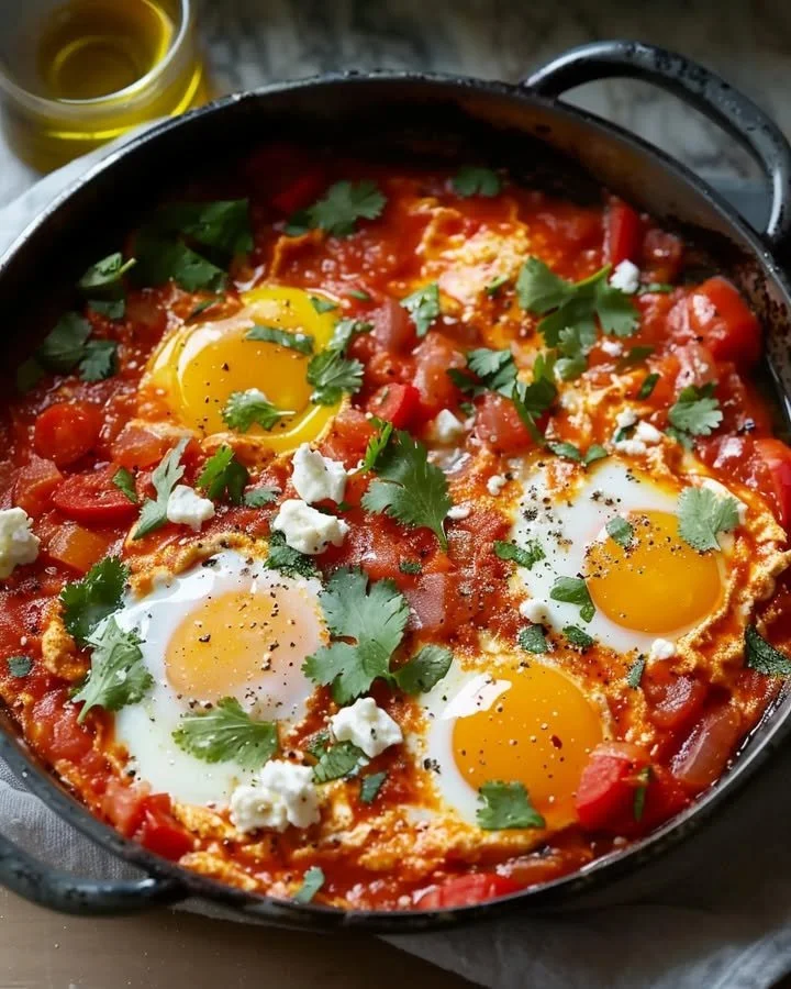 Delicious shakshuka with feta cheese served in a skillet