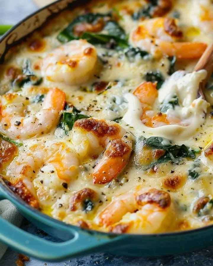 Delicious Shrimp and Spinach Cream Bake served in a baking dish.