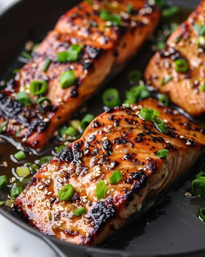 Silken miso-ginger glazed salmon served with vegetables