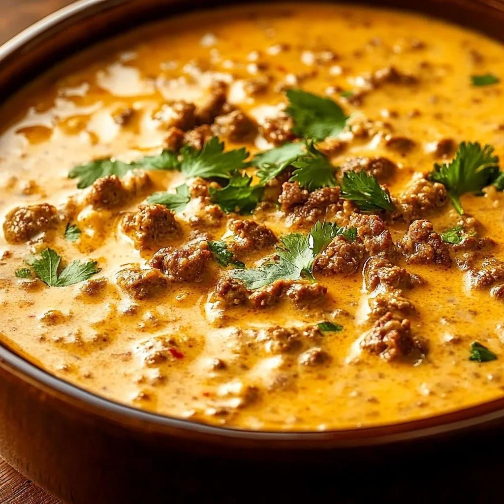 Simple ground beef cottage cheese queso served in a bowl with chips
