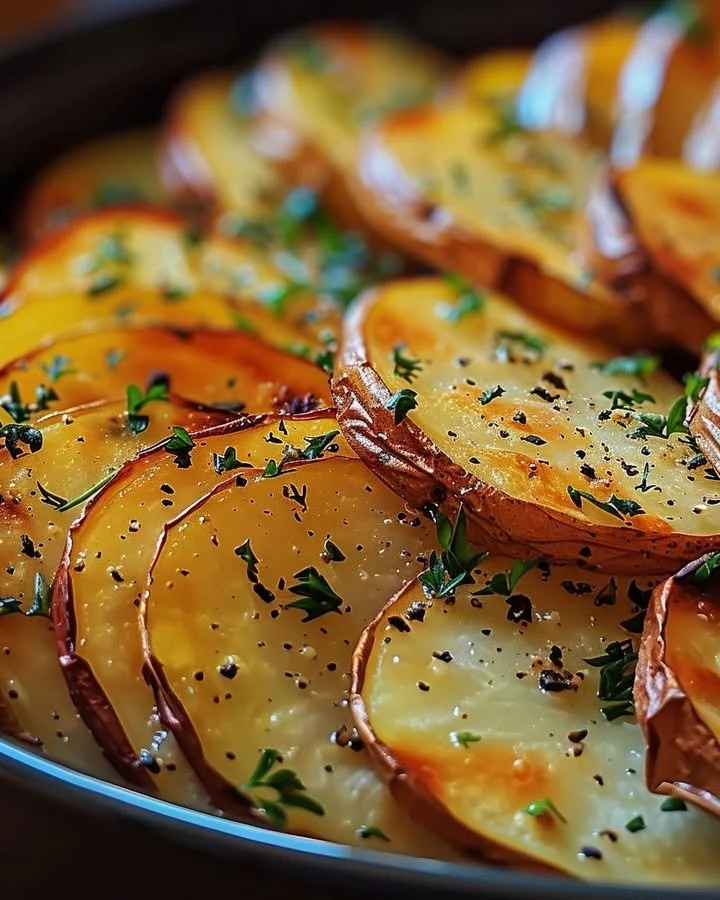 Sliced baked potatoes with crispy edges served on a plate