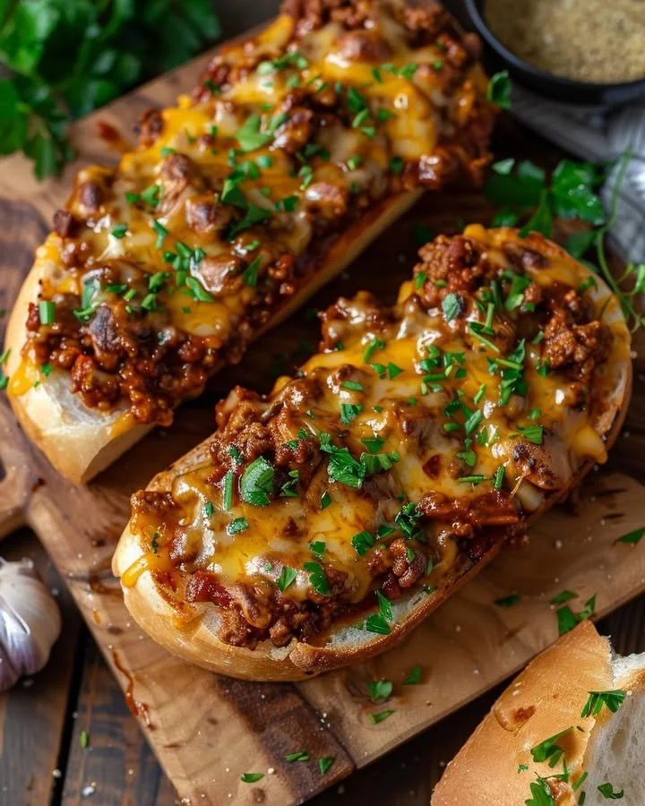 Delicious Sloppy Joe Garlic Bread topped with melted cheese and herbs