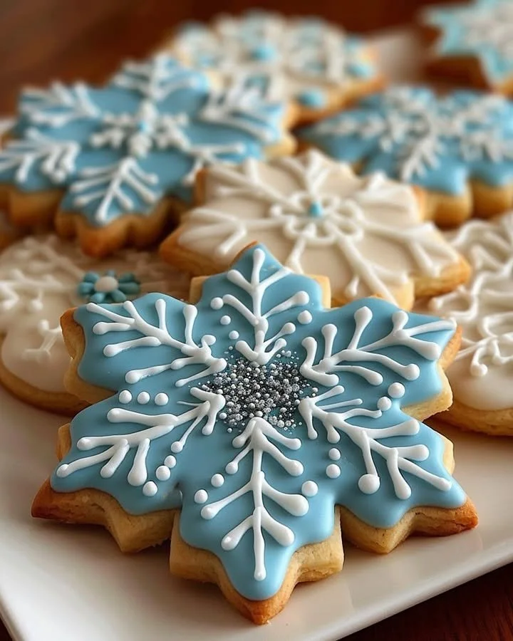 Decorative snowflake sugar cookies on a festive table setting