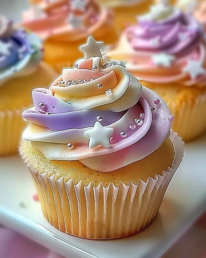 Pastel star cupcakes topped with fluffy buttercream frosting on a decorative stand