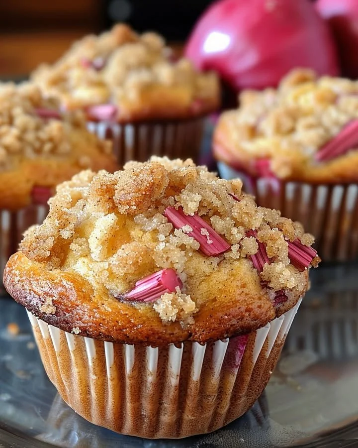 Soft rhubarb muffins with a cinnamon sugar topping on a wooden table