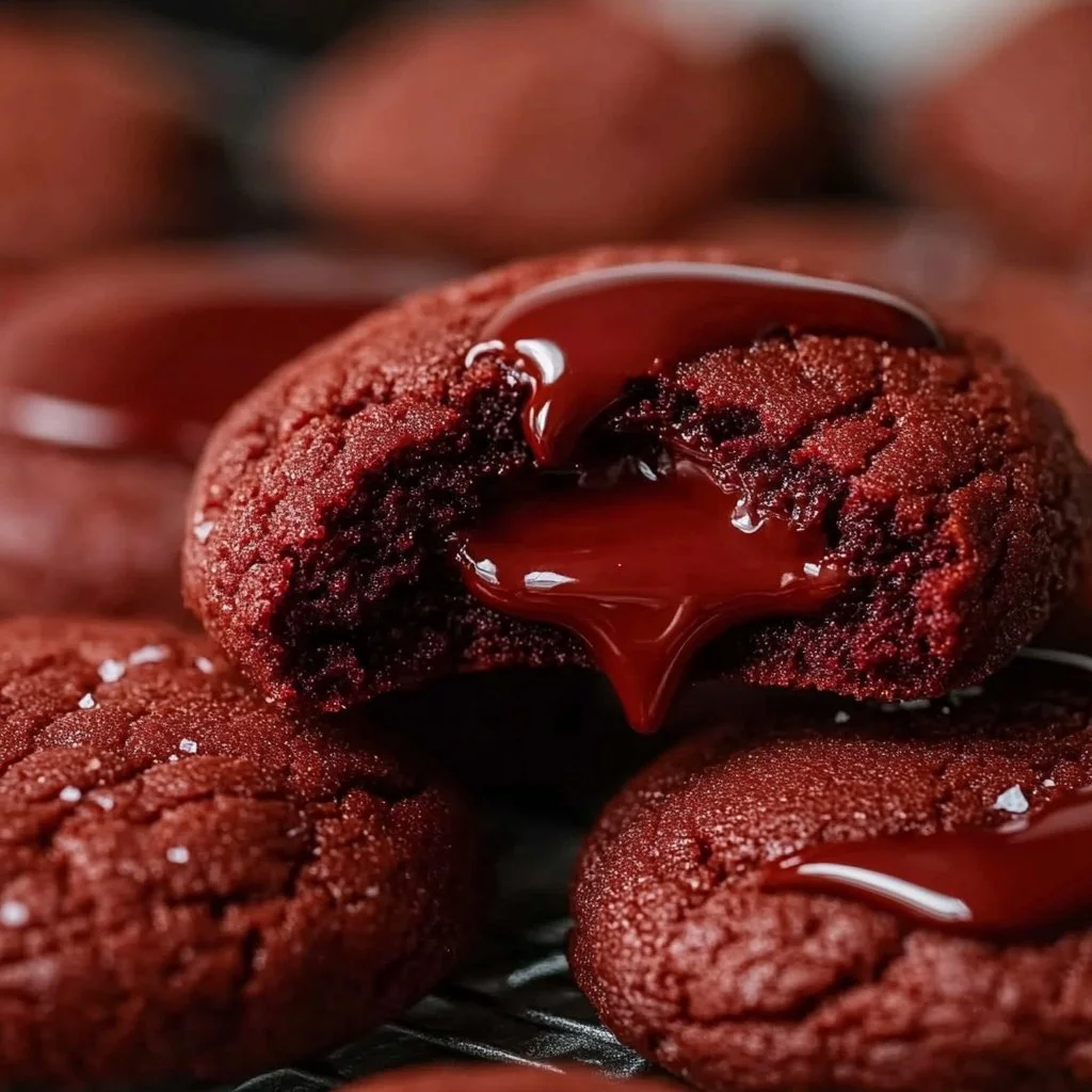 Soft red velvet cookies filled with Nutella on a plate