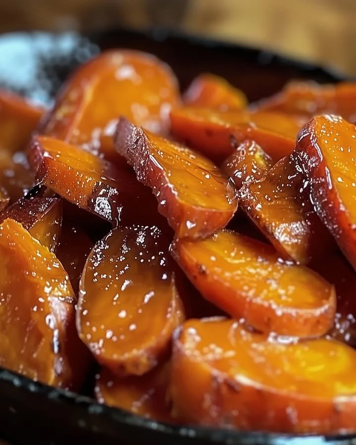 Serving of Southern candied sweet potatoes topped with syrup and pecans.