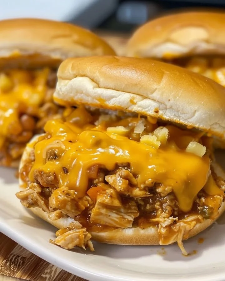 Spicy Cajun Chicken Sloppy Joes topped with cheese on a plate