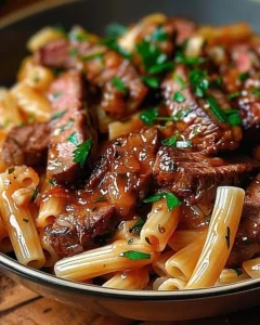 Spicy Honey BBQ Steak Pasta cooked in one pan, showcasing tender steak and pasta dish
