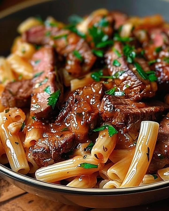 Spicy Honey BBQ Steak Pasta cooked in one pan, showcasing tender steak and pasta dish