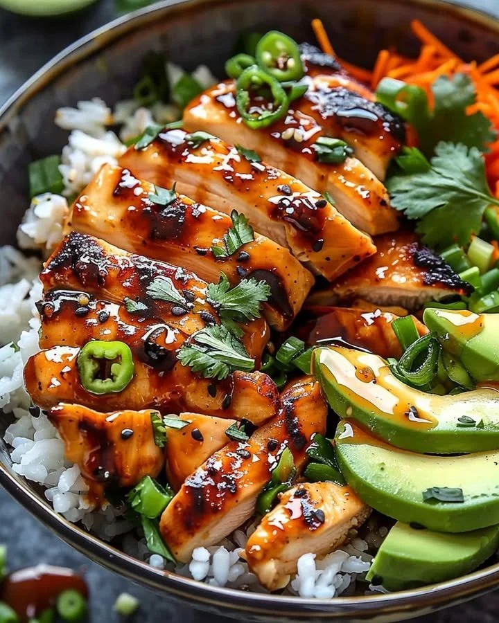 Bowl of spicy honey ginger chicken with vegetables and rice