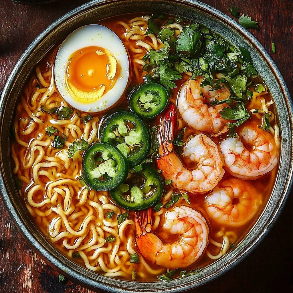 Bowl of spicy Jalapeño Cheddar Sausage and shrimp ramen topped with green onions