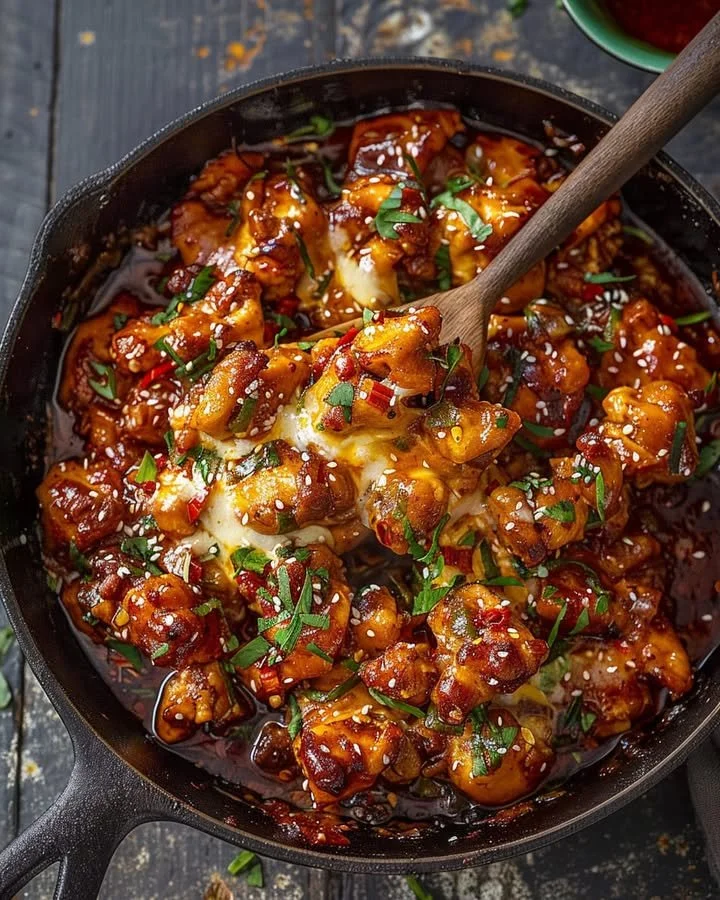 Delicious spicy Korean chicken with a cheesy topping served in a bowl
