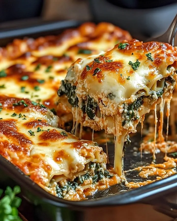 Delicious spinach lasagna with ricotta and three cheeses baked to perfection