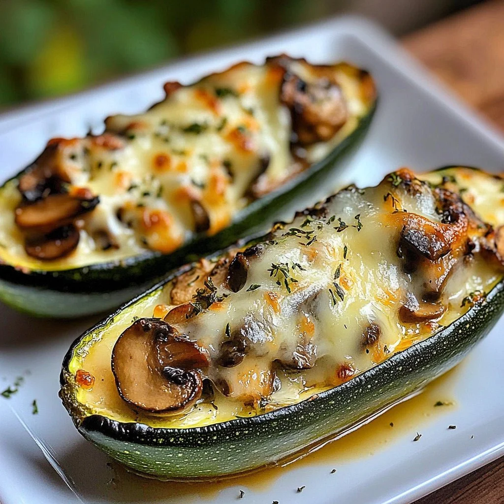 Spinach, Mushroom, and Ricotta Stuffed Zucchini dish on a plate