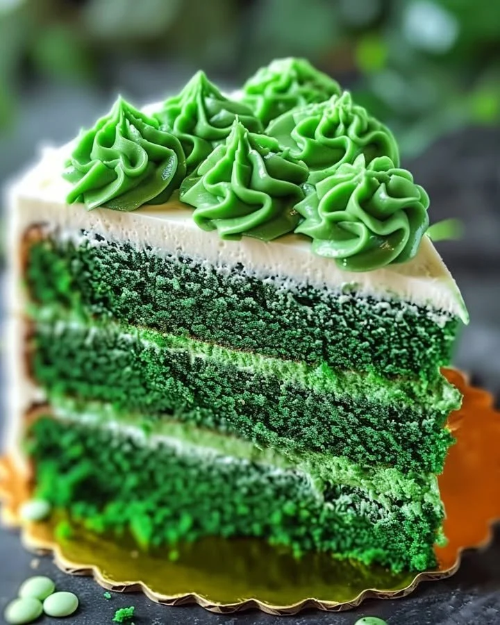 St. Patrick's Day green velvet cake decorated with shamrocks