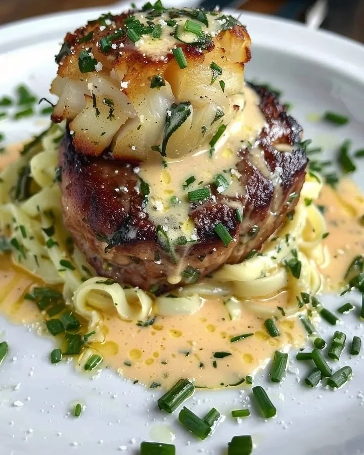 Delicious steak and crab cake dish served with garnishes on a plate