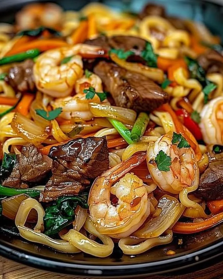 Delicious Steak & Shrimp Stir-Fried Noodles with vibrant vegetables