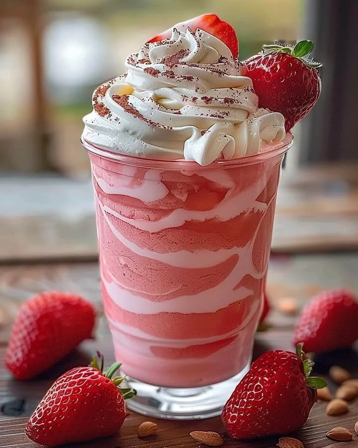 Refreshing Strawberries & Cream Frappuccino topped with whipped cream.