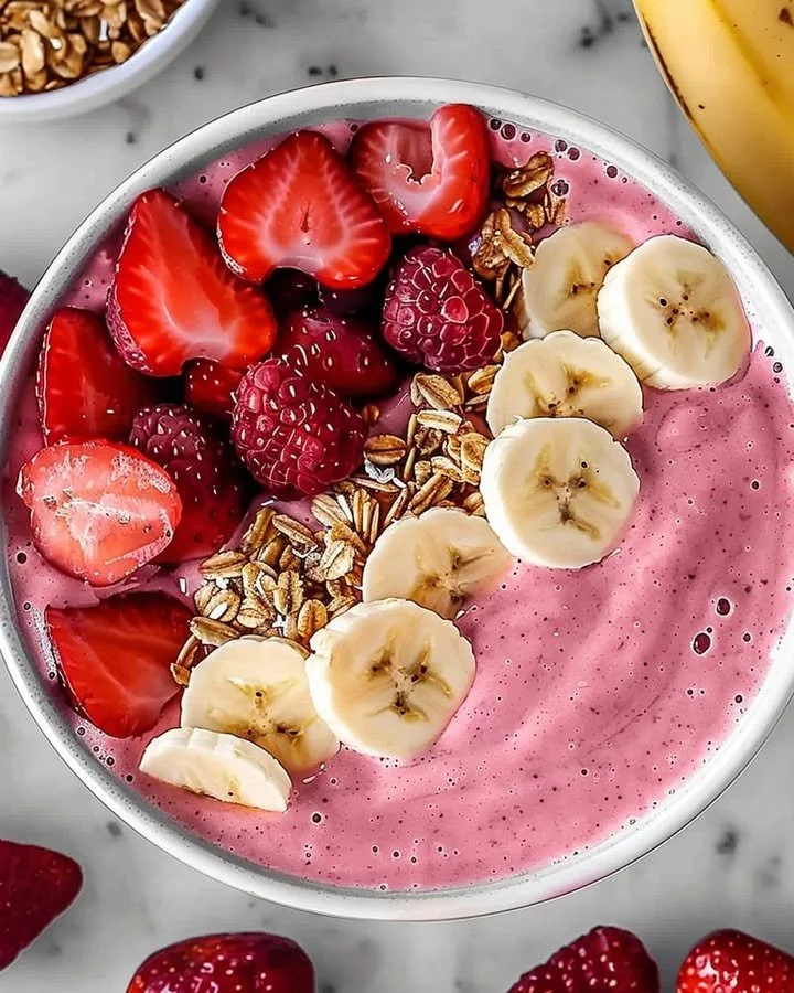 Delicious strawberry banana smoothie in a clear glass, garnished with strawberries.