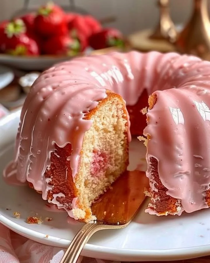 Delicious slice of strawberry buttermilk pound cake topped with fresh strawberries.