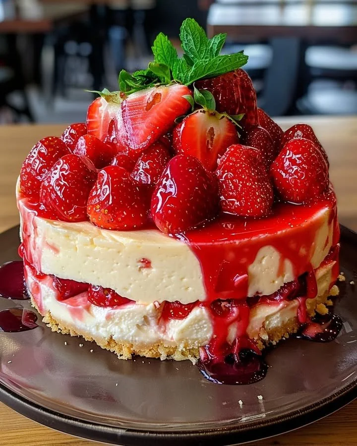 Delicious slice of strawberry cheesecake topped with fresh strawberries