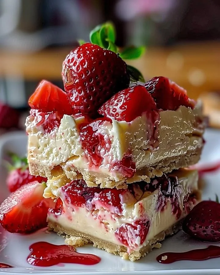 Delicious strawberry cheesecake bars topped with fresh strawberries