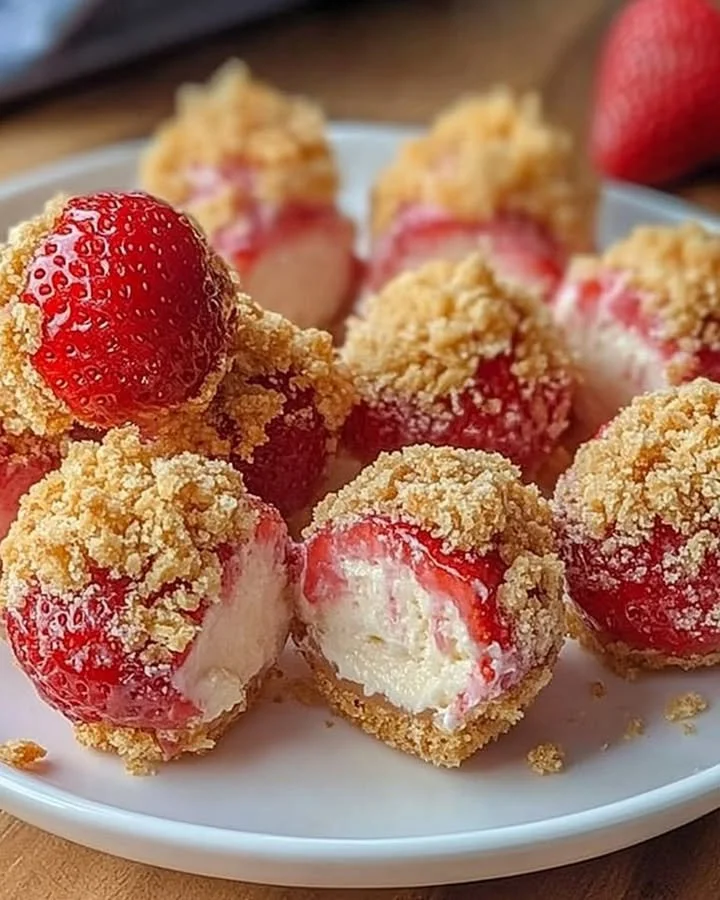 Strawberry cheesecake crunch bites on a plate with fresh strawberries
