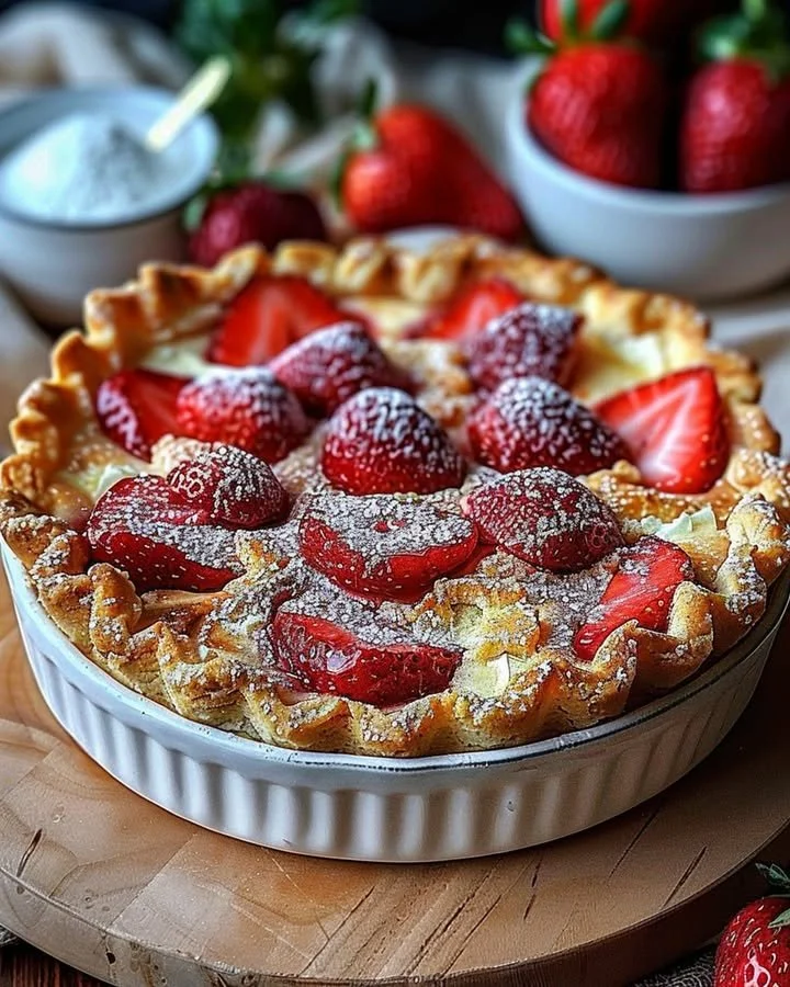 Delicious strawberry cheesecake dump cake topped with fresh strawberries