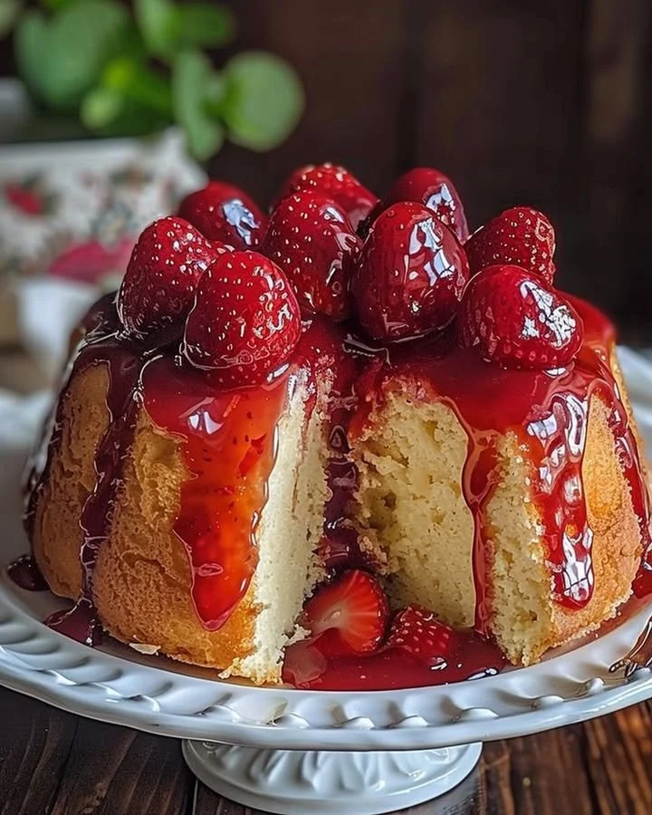 Delicious Strawberry Cheesecake Pound Cake with strawberry topping on a plate