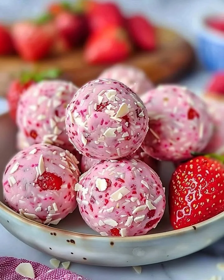 Strawberry Cheesecake Protein Balls on a white plate topped with fresh strawberries