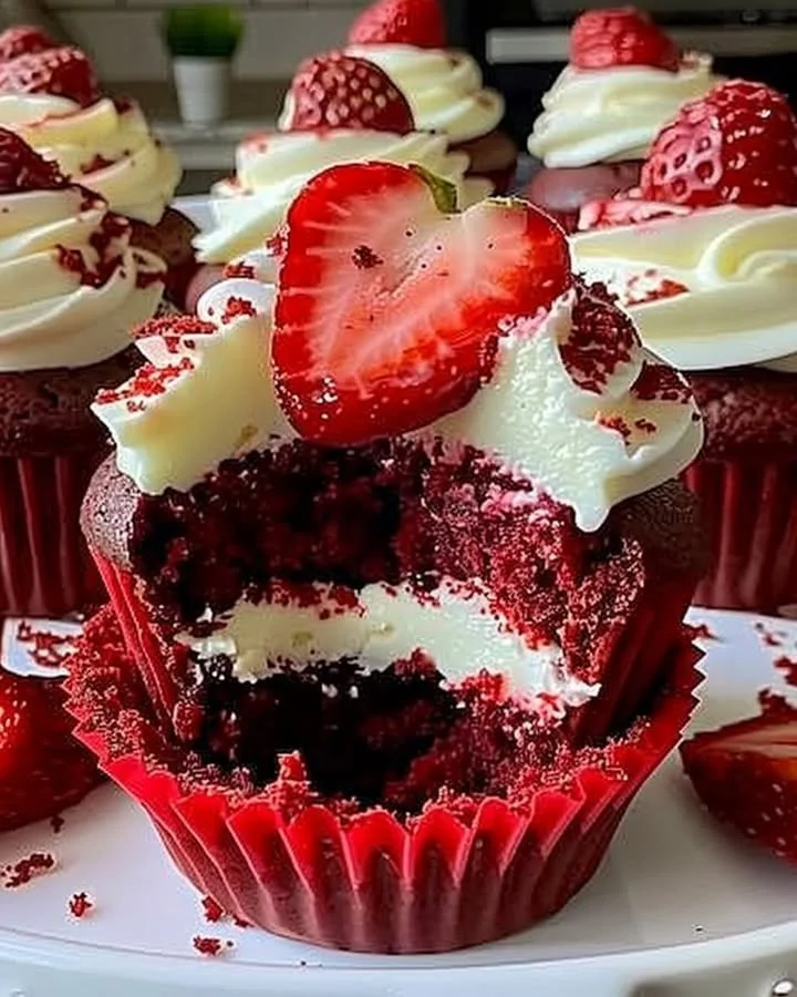Strawberry cheesecake red velvet cupcakes with creamy frosting and fresh strawberries