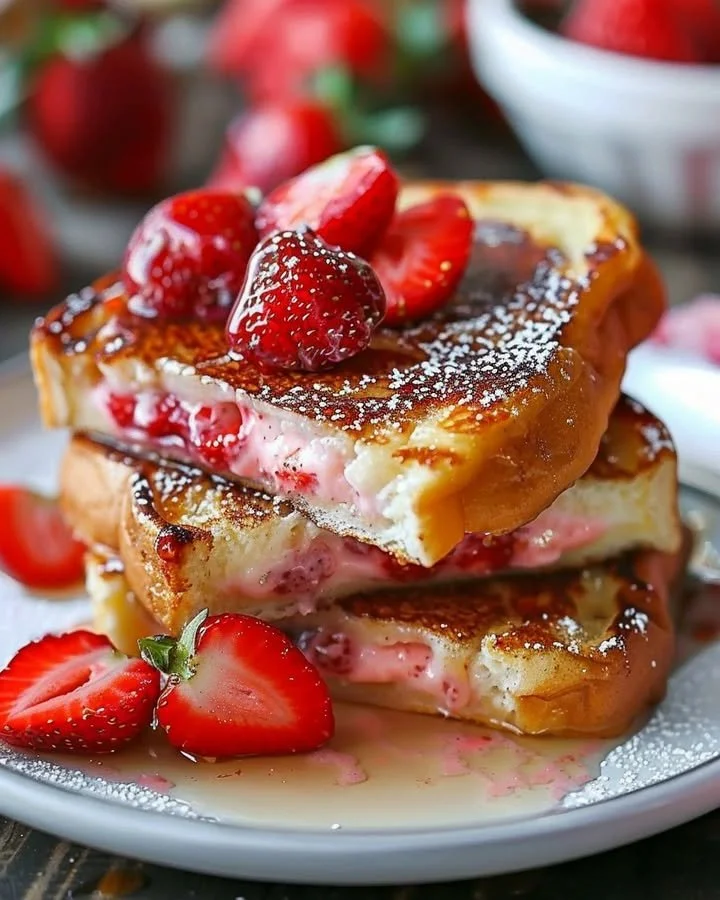 Strawberry cheesecake stuffed French toast topped with fresh strawberries and cream.