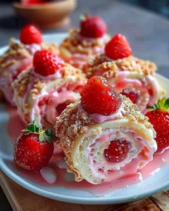 Strawberry cheesecake sweet rolls topped with fresh strawberries and cream cheese frosting