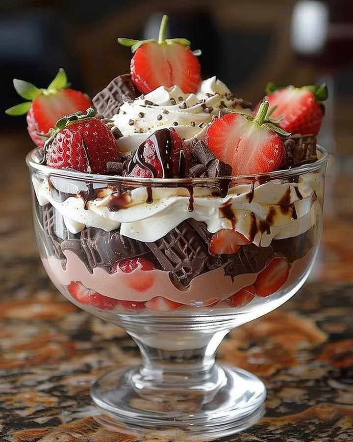 Delicious Strawberry Chocolate Trifle layered with strawberries and rich chocolate